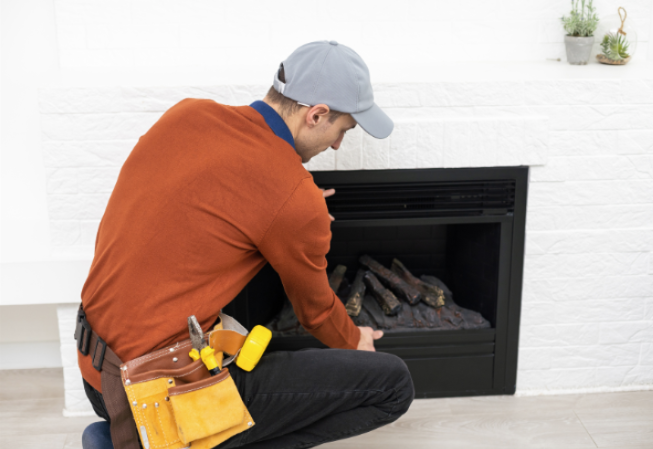 Man inspecting fireplace